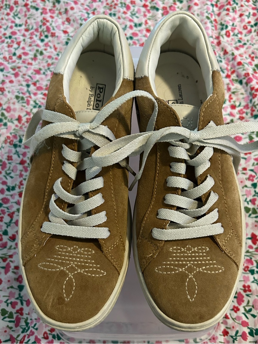 Polo by Ralph Lauren Tan Suede Low-Top Sneakers with White Accents